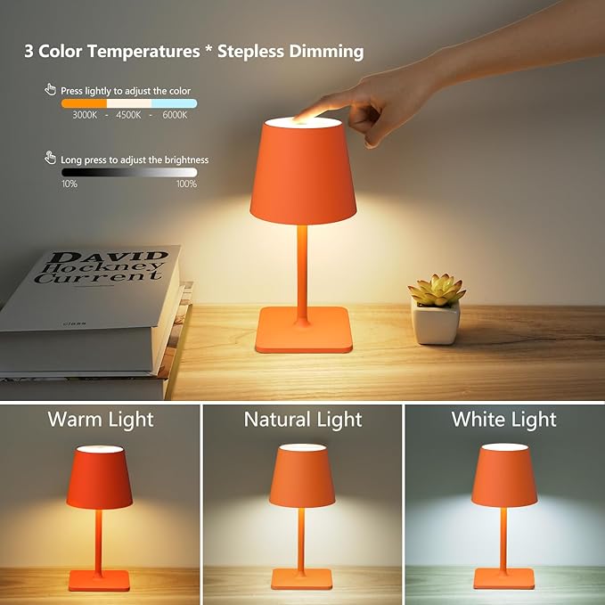 Yogaret Orange Cordless Table Lamp Set of 2-3 Way and Stepless Dimmable - Image 6
