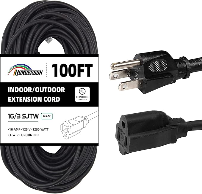 100FT Outdoor Extension Cord-16/3 SJTW Durable Black Extension Cable by HONDERSON