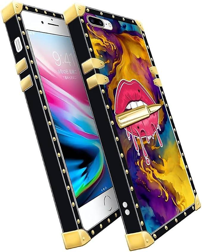 Compatible with iPhone 8 7 SE Case, Cool Corlorful Lip Marble Luxury Golden - Image 2