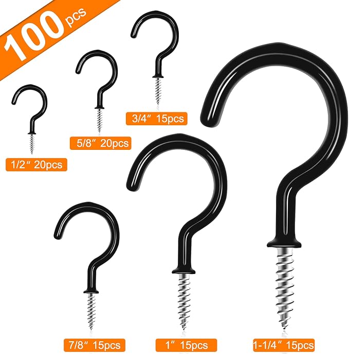 100 PCS Screw in Cup Hooks, 6 Size Vinyl Coated Screw Hooks - Image 2