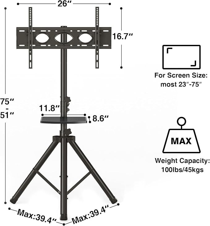Tripod TV Stand with Shelf for 23-75 inch TVs up to 100 lbs, Outdoor TV Stand - Image 7