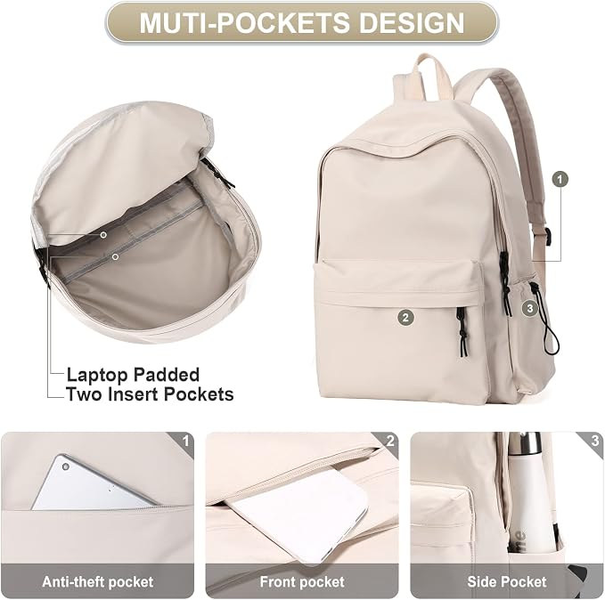 Beige School Backpack for Girls Water Resistant High School Book Bag Simple - Image 5