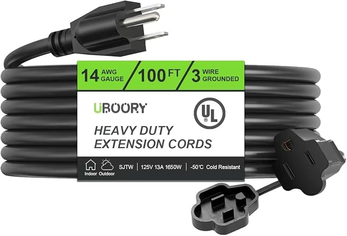 Outdoor Extension Cord Waterproof 100 FT, Flexible 100% Copper 3 Prong by UBOORY