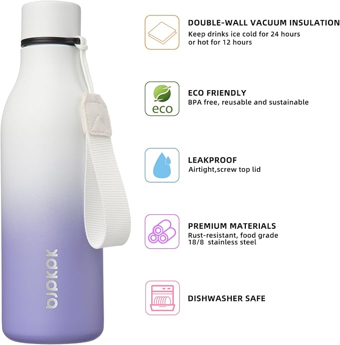 BJPKPK Insulated Water Bottle, 18 oz, Stainless Steel | Leak Proof | Pack of 2 - Image 2