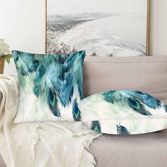 Peacock Feather 18 X 18 Pillow Covers Watercolor Gradient Blue Soft Halo Green - Image 5
