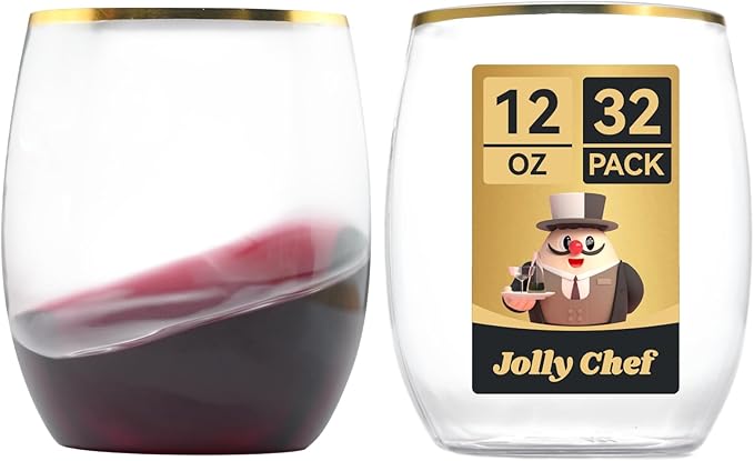 JOLLY CHEF 32 Pack 12oz Gold Plastic Wine Glasses Stemless, Disposable Wine by JOLLYCHEF