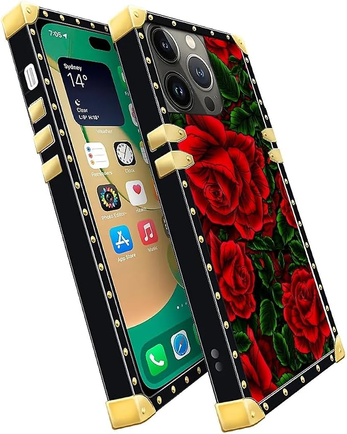 Compatible with iPhone 14 Pro Max Case, Vector Red Rose Green Leaf Luxury - Image 3
