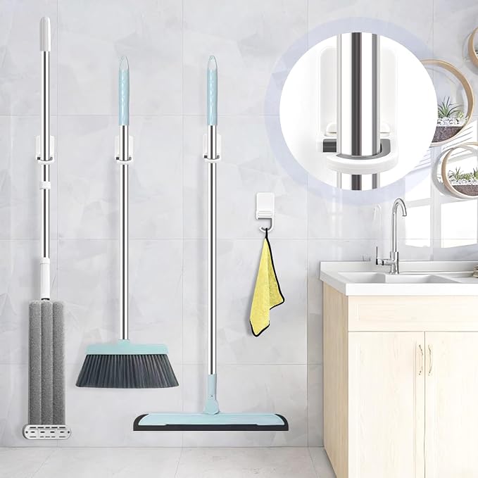 4 Pcs White Broom and Mop Holder Wall Mount Self-Adhesive Anti-Slip Gripper - Image 7