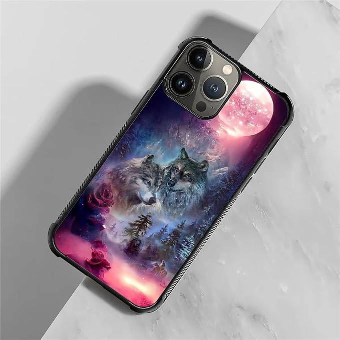 for iPhone 15 Pro Case, Star Two Wolfs Howling Pattern Graphic Design Girl Boy - Image 3