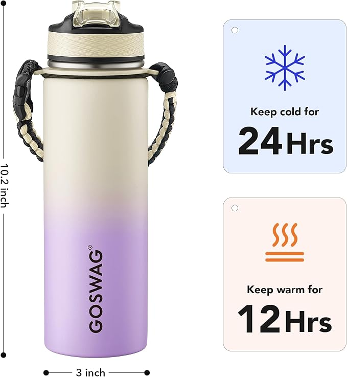 GOSWAG Insulated Sports Water Bottle, 24oz 2 Lids, Stainless Steel Water Bottles - Image 2