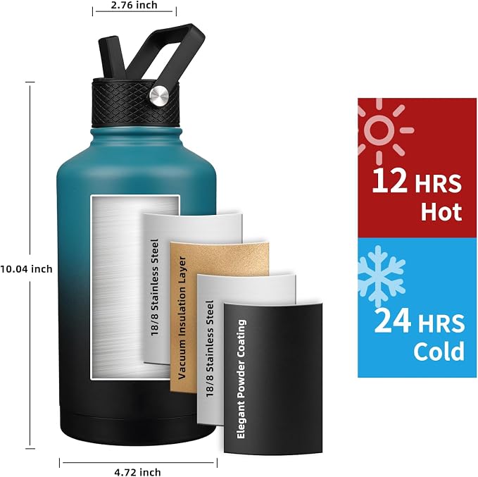 Insulated Water Bottle 64oz, Triple Wall Vacuum Stainless Steel, Leak Proof & - Image 2