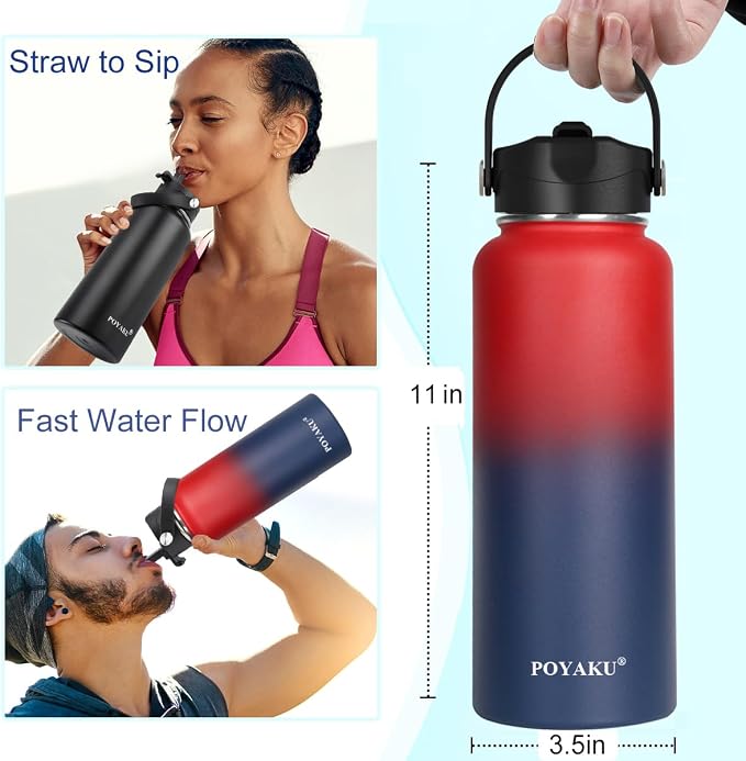 Water Bottle Insulated 32oz 40oz 64oz 128oz Straw Lid Spout Lid & 3 Lids - Image 2