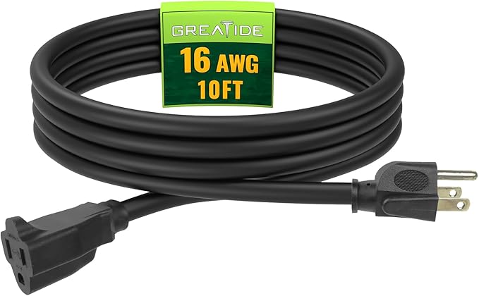 Indoor Outdoor Extension Cord 10 FT, 16/3 SJTW Weatherproof Black Electrical by GREATIDE