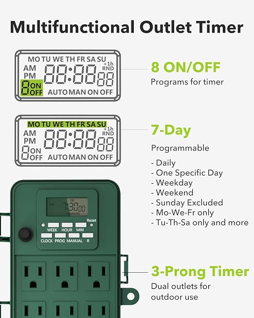 BN-LINK Outdoor Power Stake, 7-Day Programmable Digital Timer, 6 Outlets - Image 2