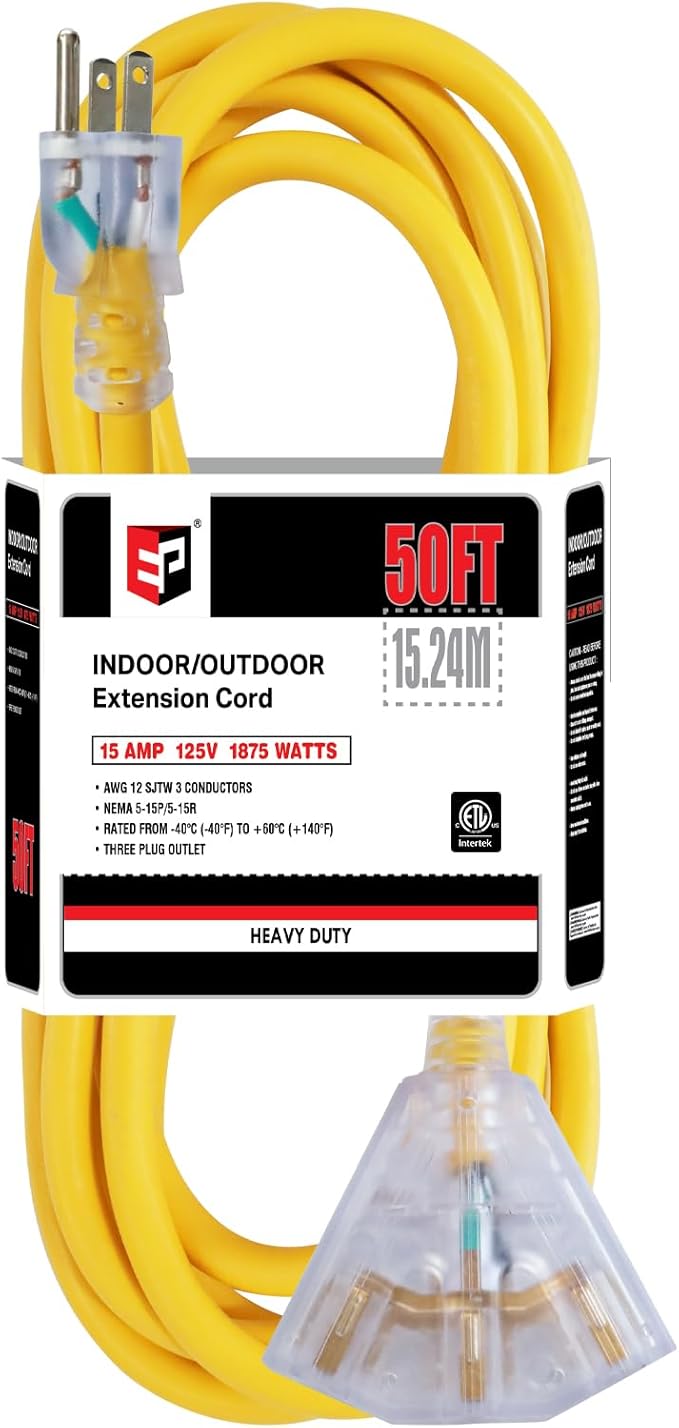 EP 50 Ft 12 Gauge Heavy Duty Extension Cord, 15A 125V 1875W, 3 Outlet by ENERGYPRO