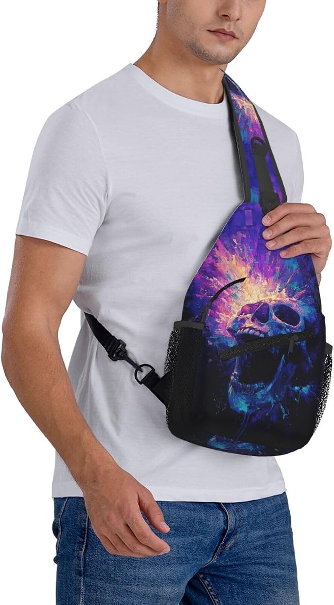Trippy Skull Sling Bag Crossbody Travel Hiking Chest Backpack Shoulder Daypack - Image 8