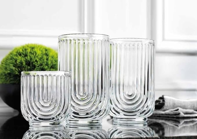 Glaver's 16-Piece Drinking Glass Set, Art Deco Ribbed Arch Design, 17oz - Image 5