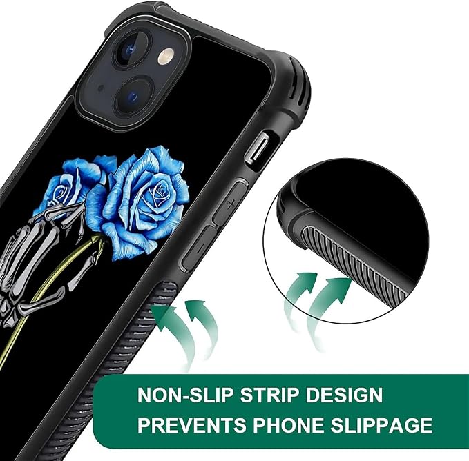 for iPhone 15 Case, Skeleton Holding Blue Rose Pattern Graphic Design Girl Boy - Image 5