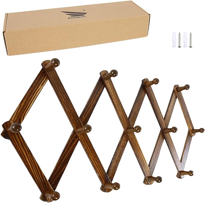 AMAPON Accordion Style Expandable Wall Wooden Coat Rack 13 Hooks Hang Hats by AMAPON