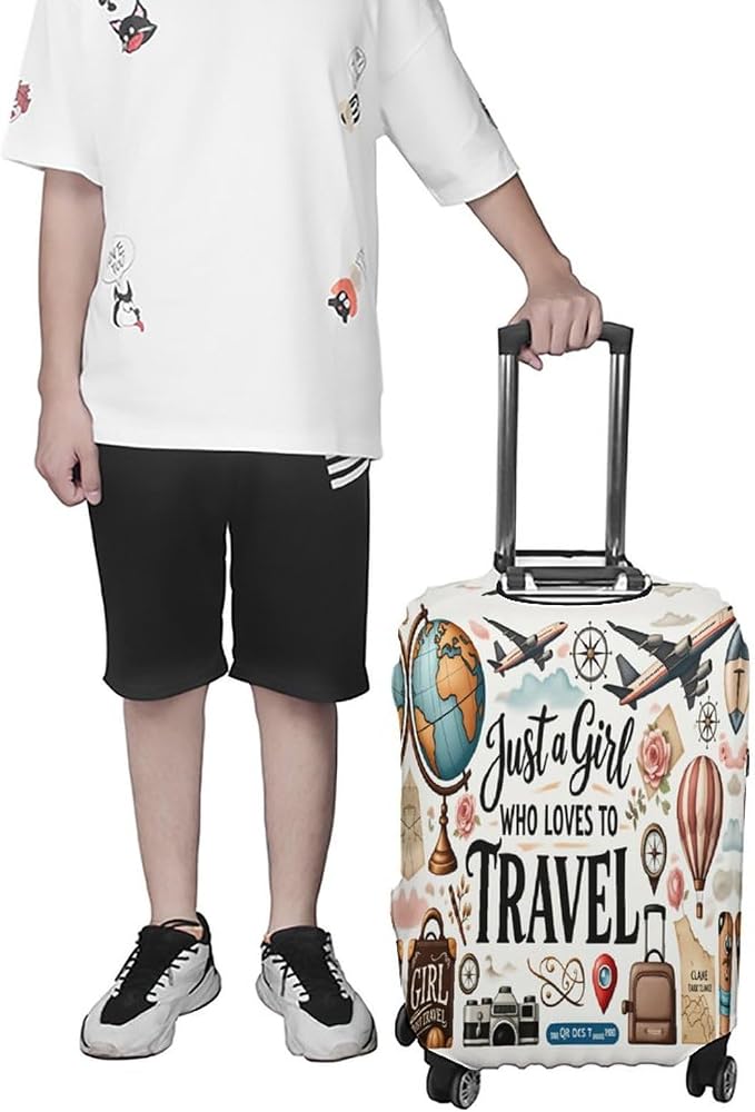 Travel Girl Adventure Globe Airplane Suitcase Camera Map Stretch Luggage Cover - Image 6