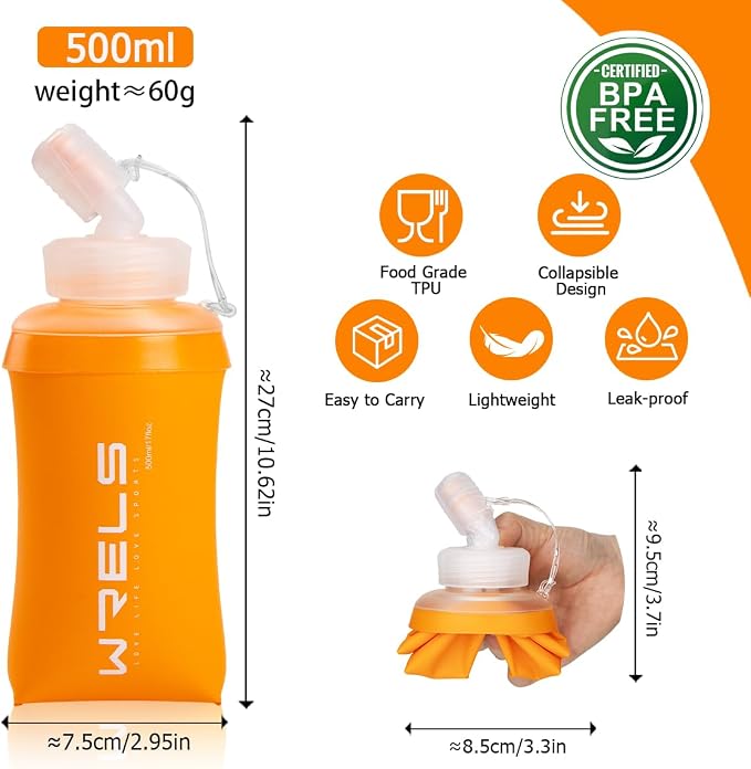 WRELS 350ml/500ml TPU Soft Water Bottles BPA Free Collapsible Soft Flask - Image 2