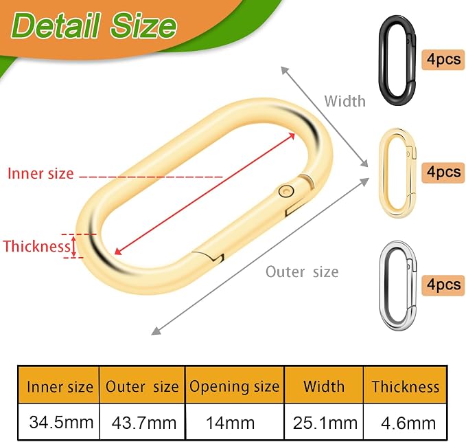 12Pack Large Oval Keyring, Metal Carabiner Spring Snap Hooks Clip - Image 2