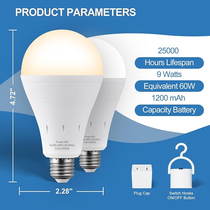 6 Pack Rechargeable Emergency Lights Blubs, Battery Powered Light Bulb 9W 60W - Image 9