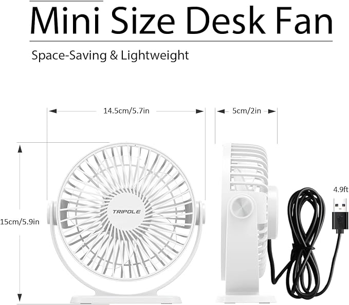 TriPole Small Desk Fan USB Powered Personal Fan 3 Speeds Strong Airflow Mini - Image 3