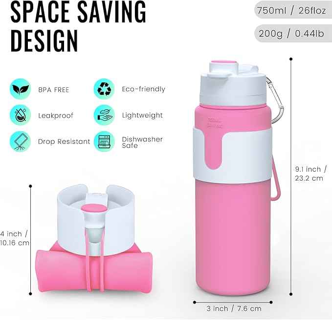 Nefeeko Collapsible Water Bottle, BPA Free 26oz Foldable Water Bottle - Image 2