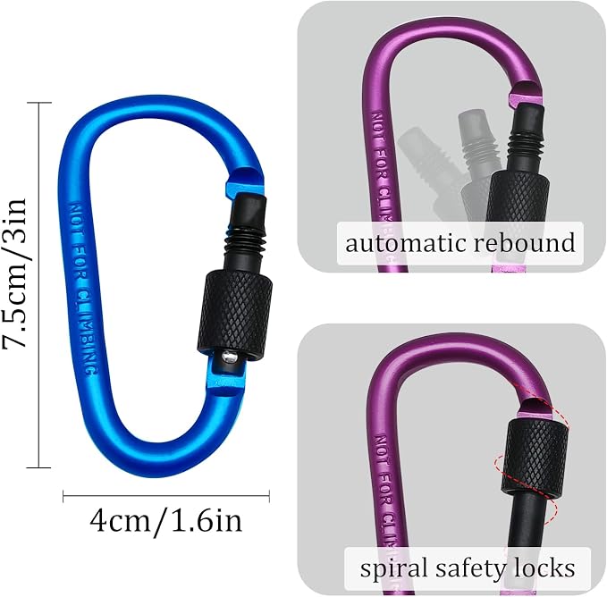 6 Pack Small Locking Carabiner, 3 Inch Aluminum D-Shape Snap Hook - Image 4