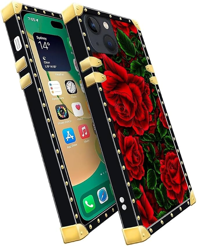 Compatible with iPhone 14 Case, Vector Red Rose Green Leaf Luxury Golden - Image 3