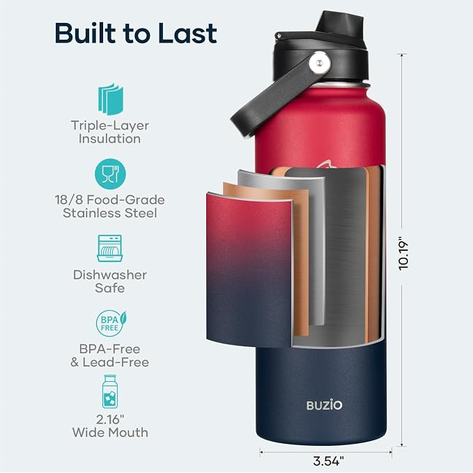 BUZIO 40oz Insulated Water Bottle, Triple Wall Vacuum Stainless Steel Water - Image 4
