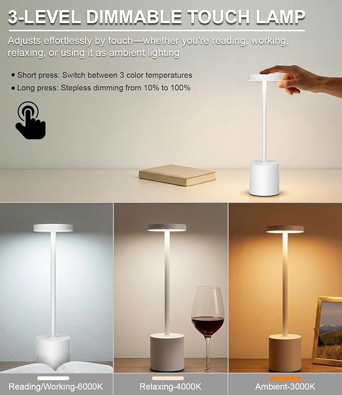 Swinerton White Rechargeable Cordless Table Lamps Set, 5000mAh Battery Powered - Image 3