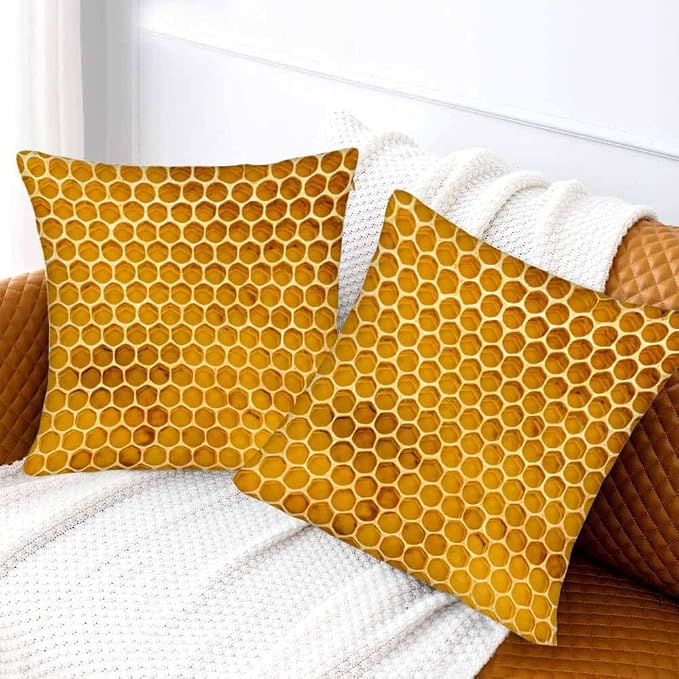 Bee Honeycomb Throw Pillow Covers 18x18 Yellow Honey Abstract Set of 2 Pillow - Image 2