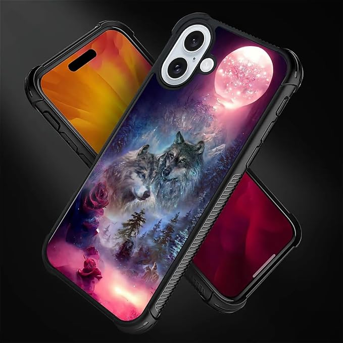 for iPhone 16 Case, Star Two Wolfs Howling Pattern Graphic Design Girl Boy Soft - Image 4