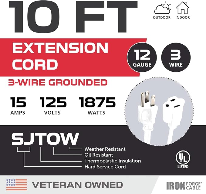 Iron Forge Cable 12 Gauge Outdoor Extension Cord 10 Ft, SJTOW 12/3 Heavy Duty - Image 2