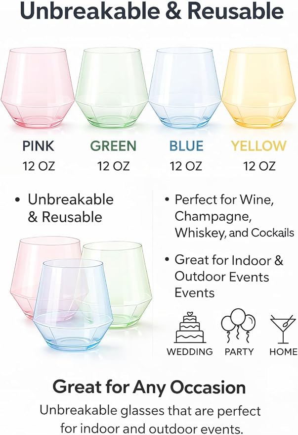 Oojami 40 Pack Diamond Plastic Wine Glasses 12oz Gold Rim Stemless Disposable - Image 3