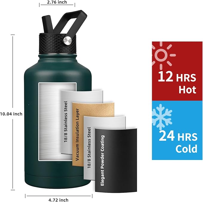 Insulated Water Bottle 64oz, Triple Wall Vacuum Stainless Steel, Leak Proof & - Image 2
