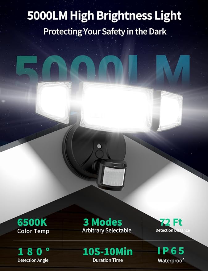 iMaihom 50W Motion Sensor Outdoor Lights, 5000LM Hardwired Motion Sensor Flood - Image 3