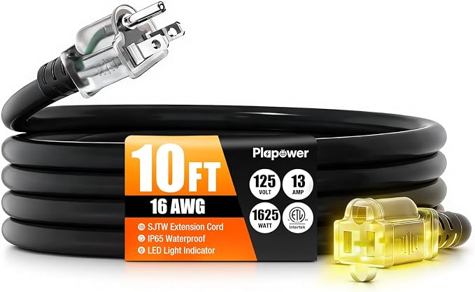 10 FT Outdoor Extension Cord Waterproof, 16/3 Gauge Heavy Duty 3 Prong Power by Unknown