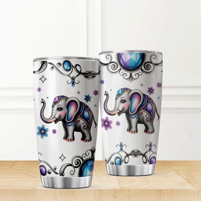 Cute Colorful Elephant With Floral Jewel Design Stainless Steel Tumbler - Image 2