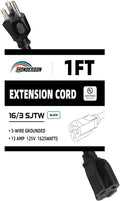 Extension Cord, UL Certified, 16 Gauge 1FT Black 3 Prong Heavy Duty, 16/3 SJTW by HONDERSON