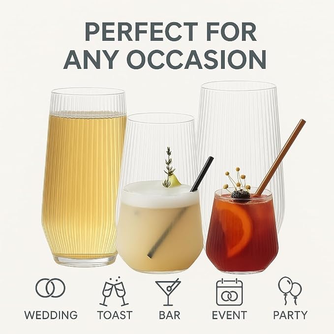 Oojami 48 Pack Ribbed Origami Ripple Plastic Glasses, 24 Stemless 9oz Champagne - Image 3