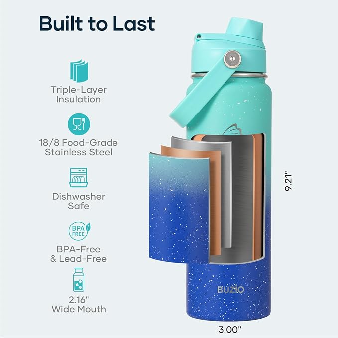 BUZIO 24 oz Insulated Water Bottle, Stainless Steel Wide Mouth Water Flask - Image 4
