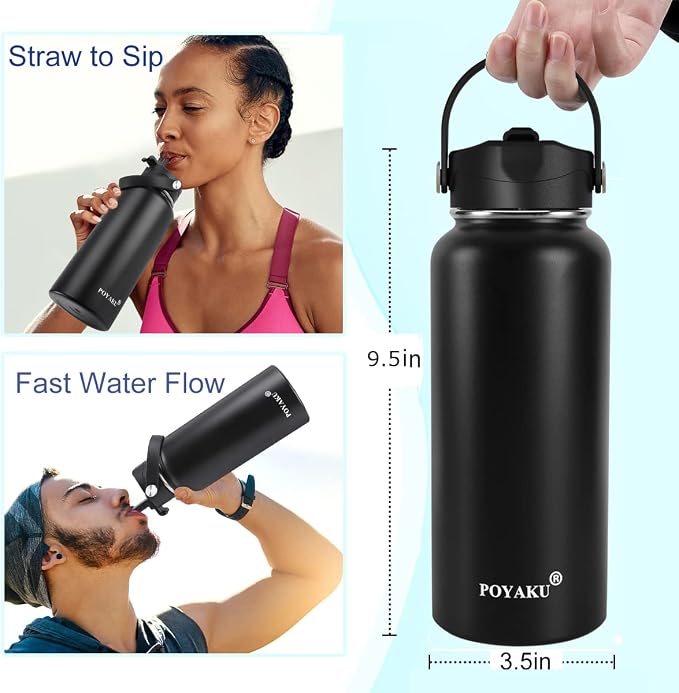 Water Bottle Insulated 32oz 40oz 64oz 128oz Straw Lid Spout Lid & 3 Lids - Image 2