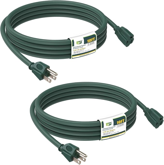 EP 2 Pack 10FT Green Outdoor Extension Cord, 16/3 SJTW Heavy Duty Waterproof by ENERGYPRO