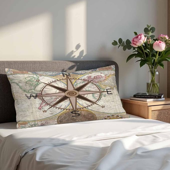Nautical Compass Throw Pillow Covers 12 X 20 Historical World Map Earth - Image 4