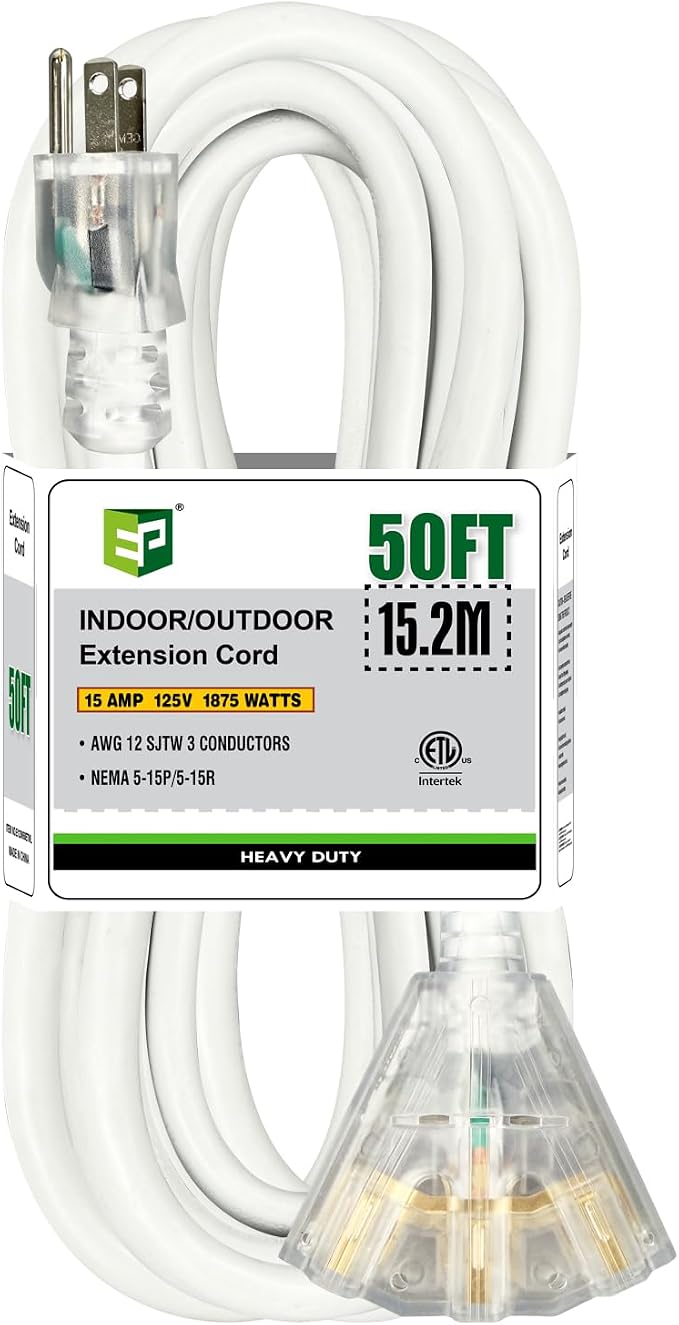 EP 50FT 12 Gauge Heavy Duty Extension Cord, 15A 125V 1875W, 3 Outlet by ENERGYPRO
