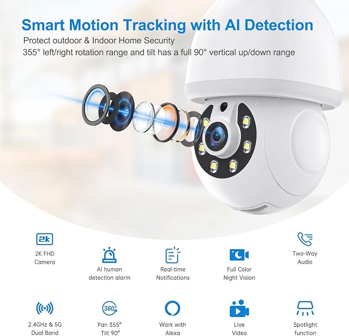 Light Bulb Security Camera, 5G&2.4GHz WiFi Light Bulb Camera Outdoor, 2-in-1 - Image 2