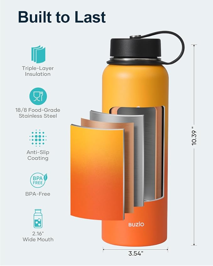 BUZIO 40oz Insulated Water Bottle, Triple Wall Vacuum Stainless Steel Water - Image 3